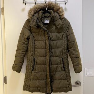 Old Navy Khaki Puffer Jacket with Faux Fur Trim